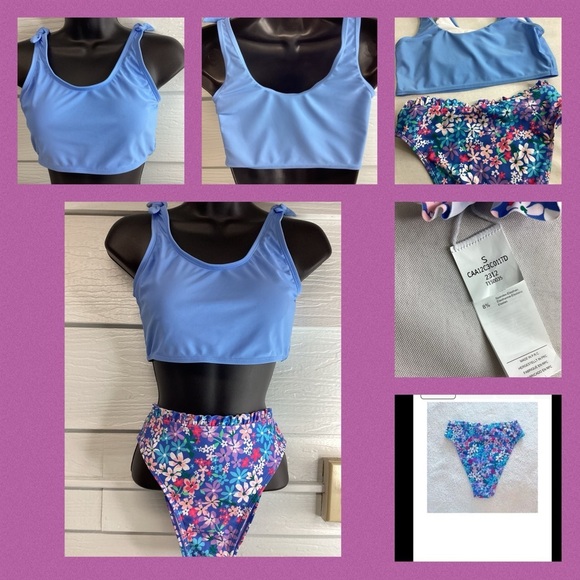 Blue two piece with flower bottom swimsuit. - Picture 6 of 7